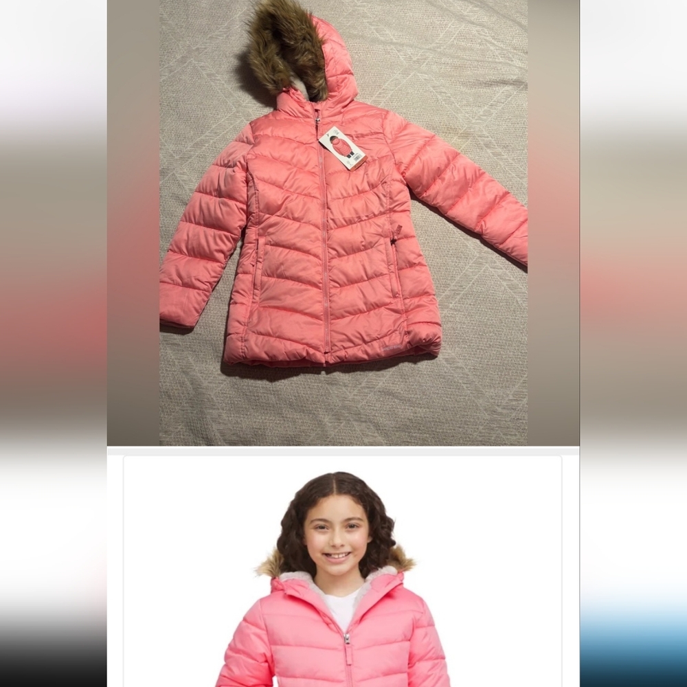 Lands End Pink/Coral Girls Winter Fleece Lined Down Alternative ThermoPlume Coat